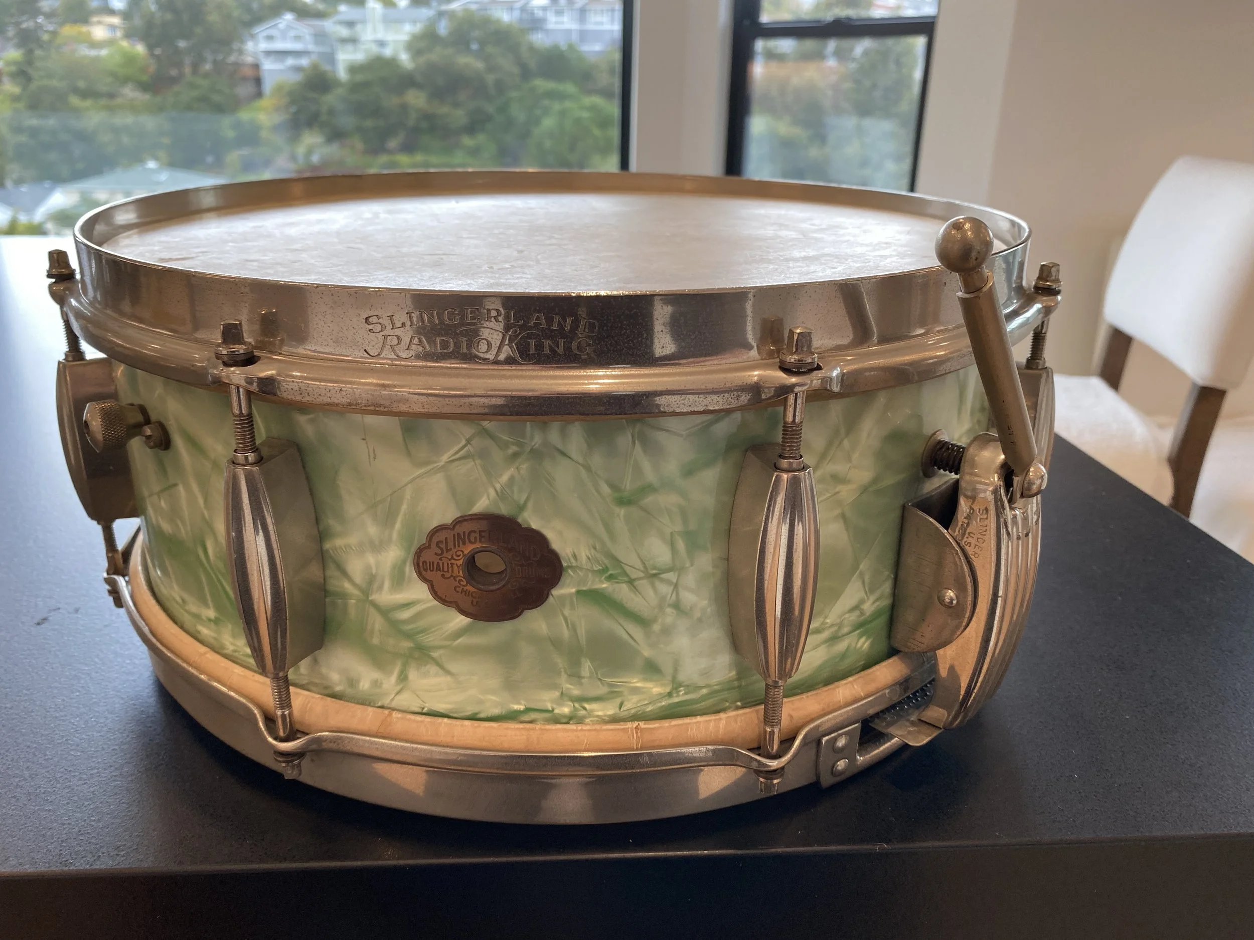 1938-40- SLINGERLAND 5x14 SEA GREEN PEARL RADIO KING MODEL — Not